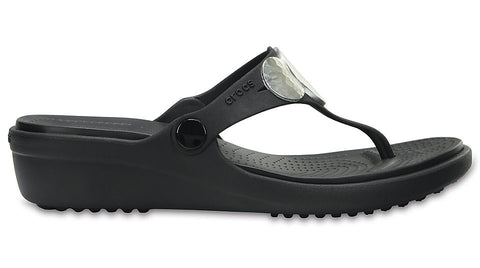 Crocs Sanrah Embellished Wedge Flip Black Silver Metallic-Wedges